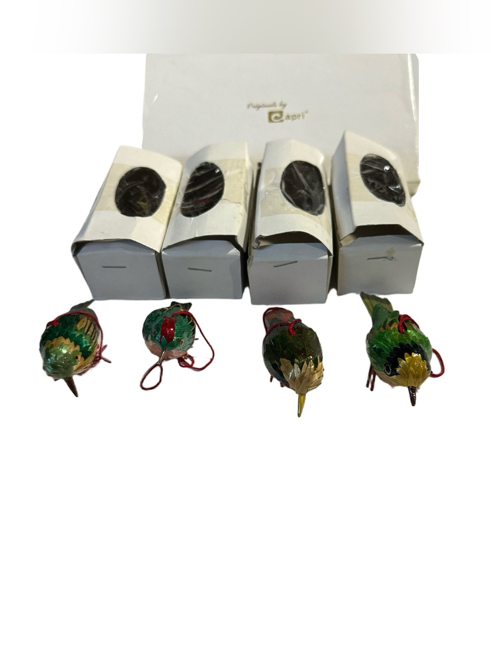 Vtg Chinese Wood Shaving Birds Set 4 Hand Painted Featherwork Capri Boxed